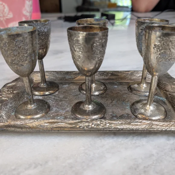 Antique Silver Plated Goblet Set of 6 with Serving Tray from Occupied Japan - Picture 3 of 8